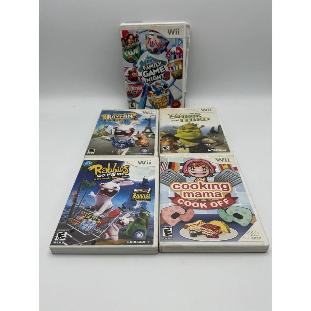 Nintendo Wii 5 Game Lot Family Game Night Cooking Mama Rabbids Shrek _ READ